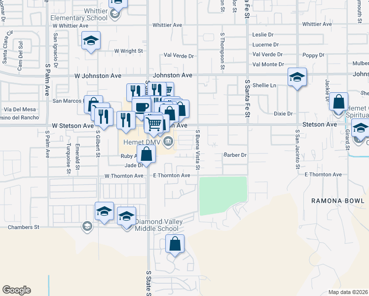 map of restaurants, bars, coffee shops, grocery stores, and more near 381 Gardenia Circle in Hemet