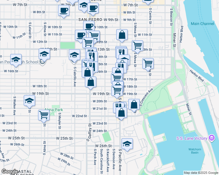 map of restaurants, bars, coffee shops, grocery stores, and more near 573 West 18th Street in Los Angeles