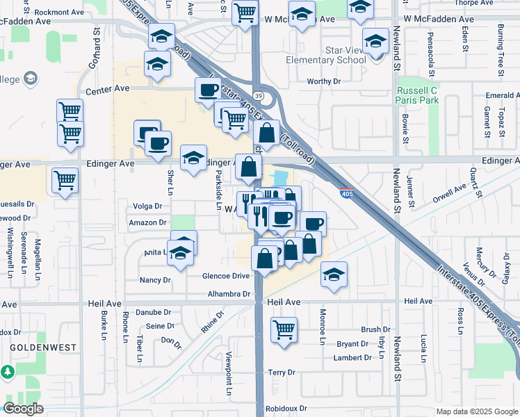 map of restaurants, bars, coffee shops, grocery stores, and more near Beach Blvd & Stark Drive in Huntington Beach