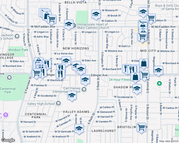 map of restaurants, bars, coffee shops, grocery stores, and more near 1450 South Townsend Street in Santa Ana