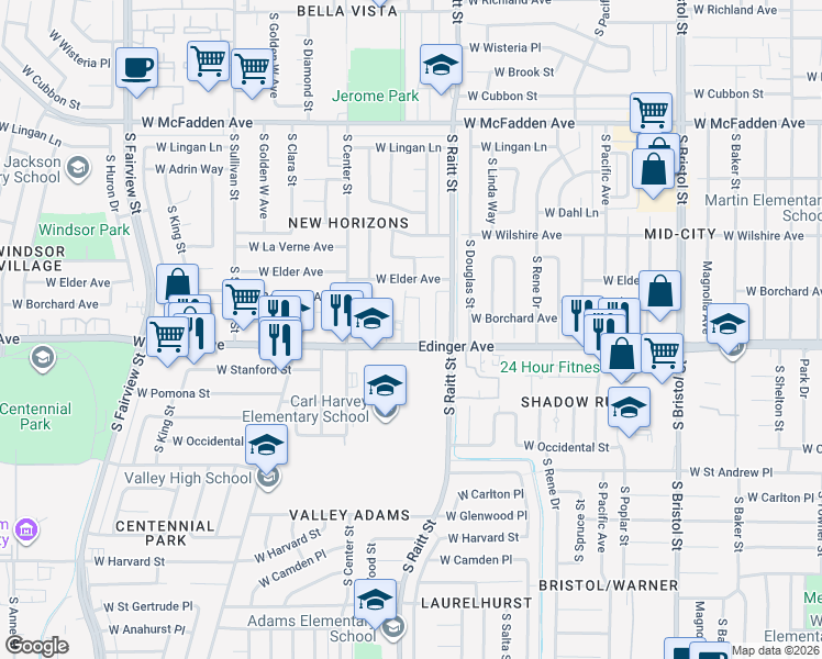 map of restaurants, bars, coffee shops, grocery stores, and more near 1442 South Townsend Street in Santa Ana