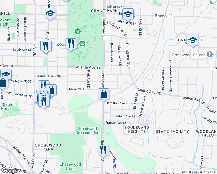 map of restaurants, bars, coffee shops, grocery stores, and more near 604 Mead Street Southeast in Atlanta