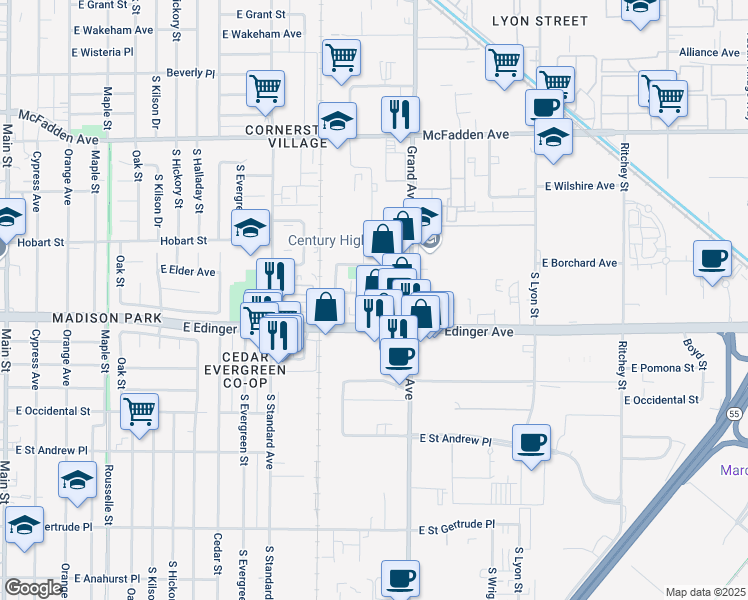 map of restaurants, bars, coffee shops, grocery stores, and more near 1402 East Borchard Avenue in Santa Ana