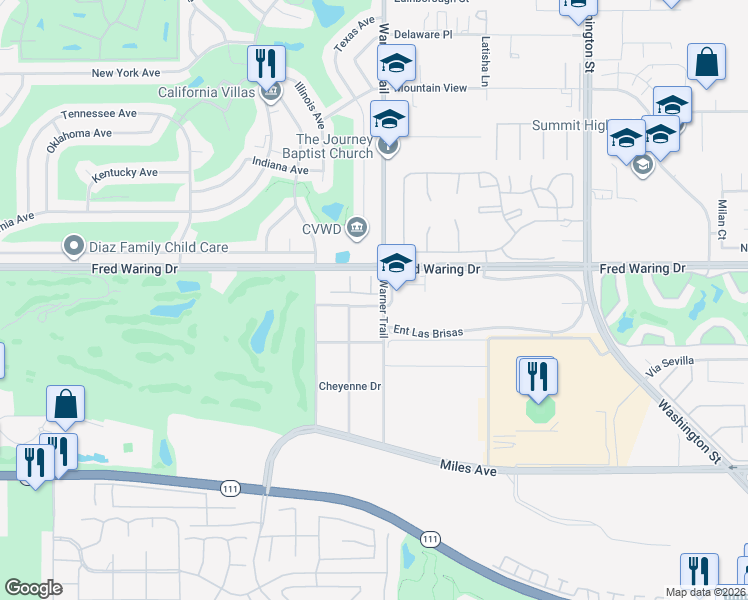 map of restaurants, bars, coffee shops, grocery stores, and more near 77469 Evening Star Circle in Indian Wells