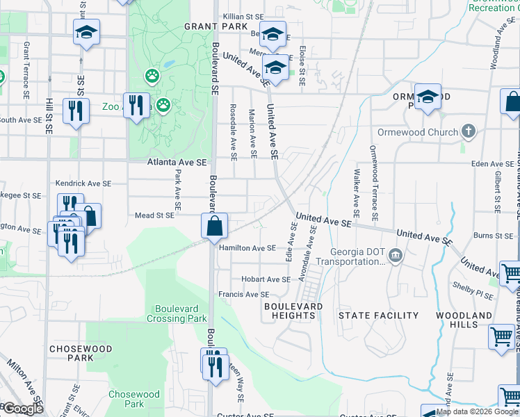 map of restaurants, bars, coffee shops, grocery stores, and more near 6 Mead Street Southeast in Atlanta