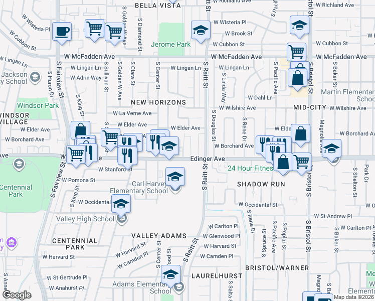map of restaurants, bars, coffee shops, grocery stores, and more near 1442 South Townsend Street in Santa Ana