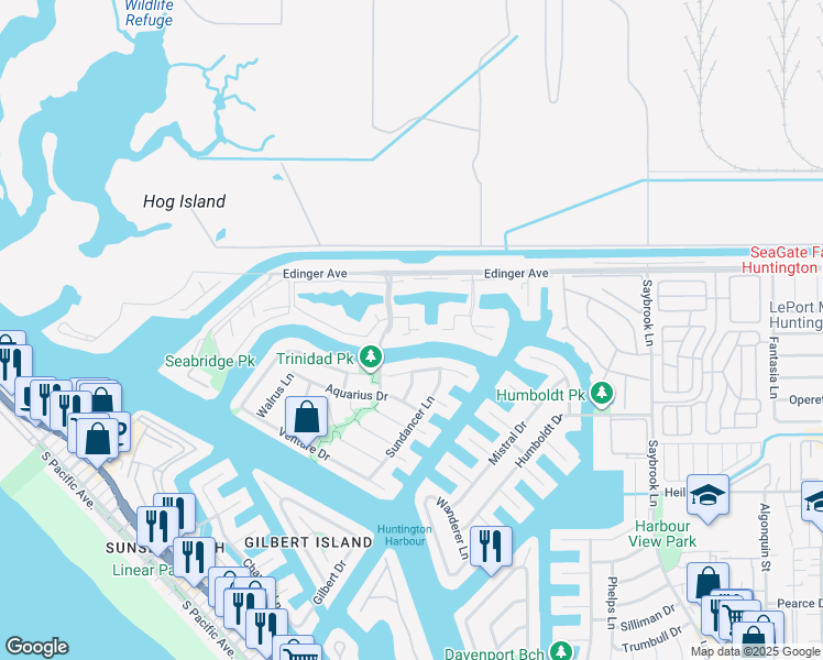 map of restaurants, bars, coffee shops, grocery stores, and more near 16080 Tortola Circle in Huntington Beach