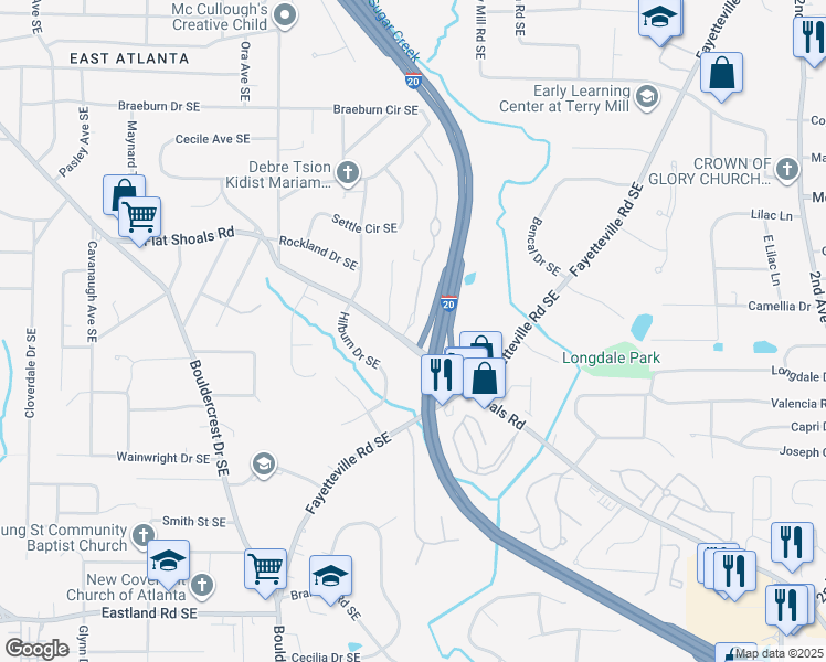map of restaurants, bars, coffee shops, grocery stores, and more near 1930 Flat Shoals Road in Atlanta