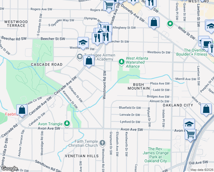 map of restaurants, bars, coffee shops, grocery stores, and more near 1463 Bridges Avenue in Atlanta