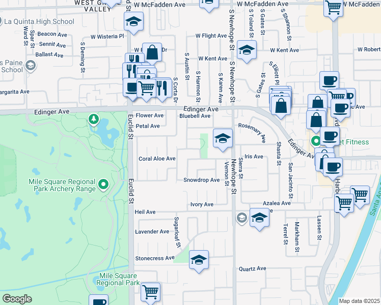 map of restaurants, bars, coffee shops, grocery stores, and more near 11555 Mount Bodie Street in Fountain Valley