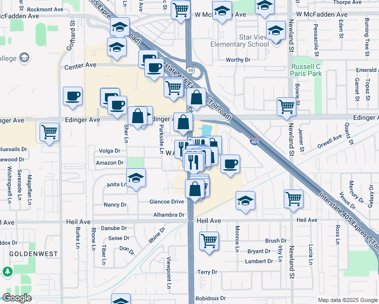 map of restaurants, bars, coffee shops, grocery stores, and more near 7942 Stark Drive in Huntington Beach