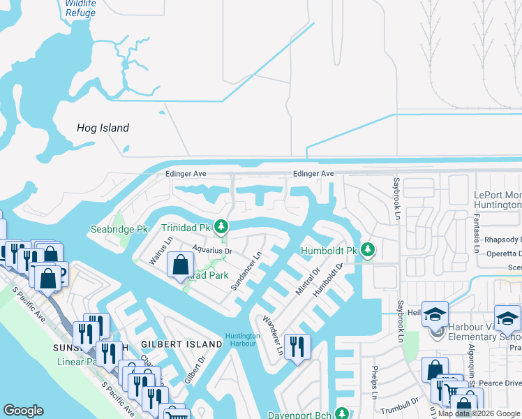 map of restaurants, bars, coffee shops, grocery stores, and more near 16136 Tortola Circle in Huntington Beach
