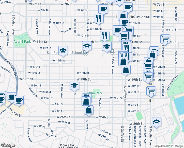 map of restaurants, bars, coffee shops, grocery stores, and more near 921 West 18th Street in Los Angeles