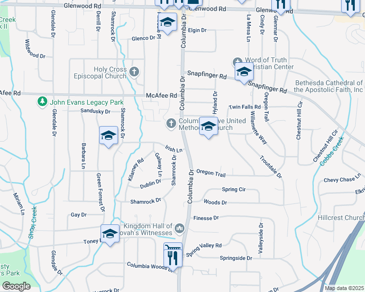map of restaurants, bars, coffee shops, grocery stores, and more near 3376 Irish Lane in Decatur