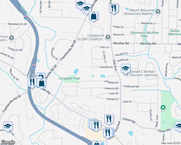 map of restaurants, bars, coffee shops, grocery stores, and more near 2176 Lilac Lane in Decatur