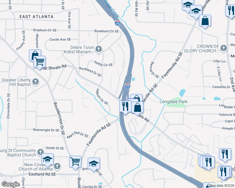 map of restaurants, bars, coffee shops, grocery stores, and more near 1930 Flat Shoals Road Southeast in Atlanta