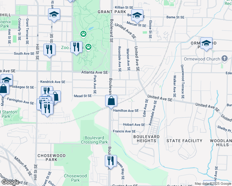 map of restaurants, bars, coffee shops, grocery stores, and more near 604 Mead Street Southeast in Atlanta