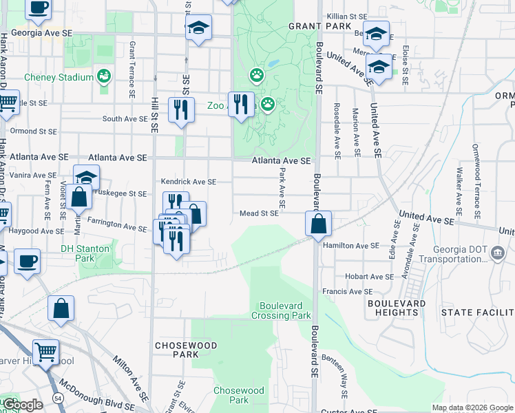 map of restaurants, bars, coffee shops, grocery stores, and more near 466 Mead Street Southeast in Atlanta