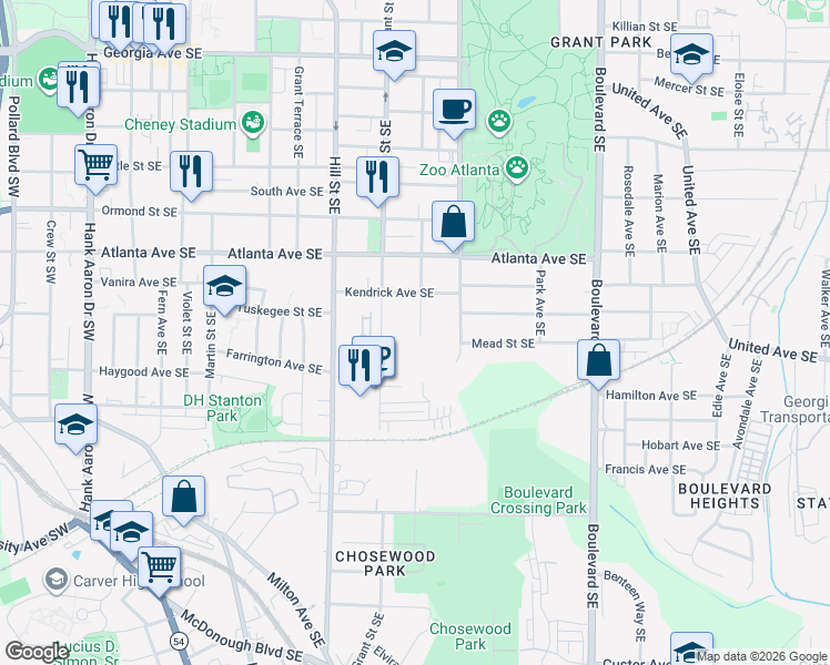 map of restaurants, bars, coffee shops, grocery stores, and more near 992 Rawlins Street Southeast in Atlanta