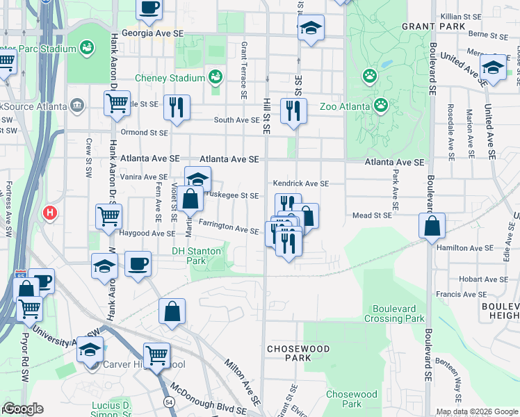 map of restaurants, bars, coffee shops, grocery stores, and more near 986 Grant Terrace Southeast in Atlanta