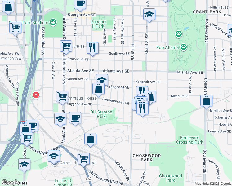 map of restaurants, bars, coffee shops, grocery stores, and more near 989 Farrington Place Southeast in Atlanta