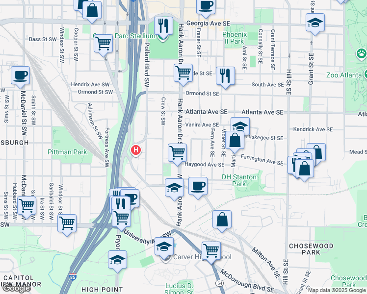 map of restaurants, bars, coffee shops, grocery stores, and more near 995 Dunning Street Southeast in Atlanta