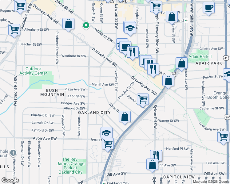 map of restaurants, bars, coffee shops, grocery stores, and more near 1021 Peeples Street Southwest in Atlanta