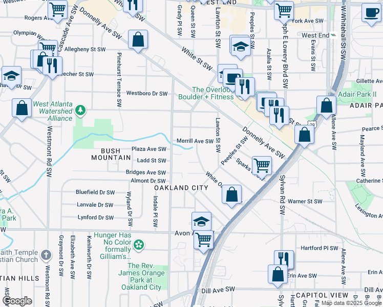 map of restaurants, bars, coffee shops, grocery stores, and more near 1153 Tucker Place Southwest in Atlanta