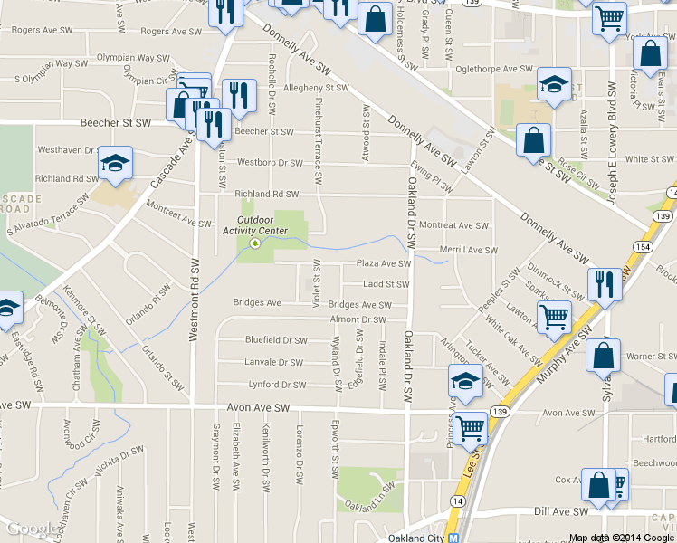 map of restaurants, bars, coffee shops, grocery stores, and more near 1316 Plaza Avenue Southwest in Atlanta