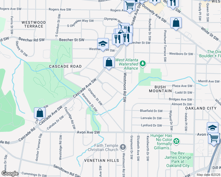 map of restaurants, bars, coffee shops, grocery stores, and more near 1562 Mayflower Avenue Southwest in Atlanta