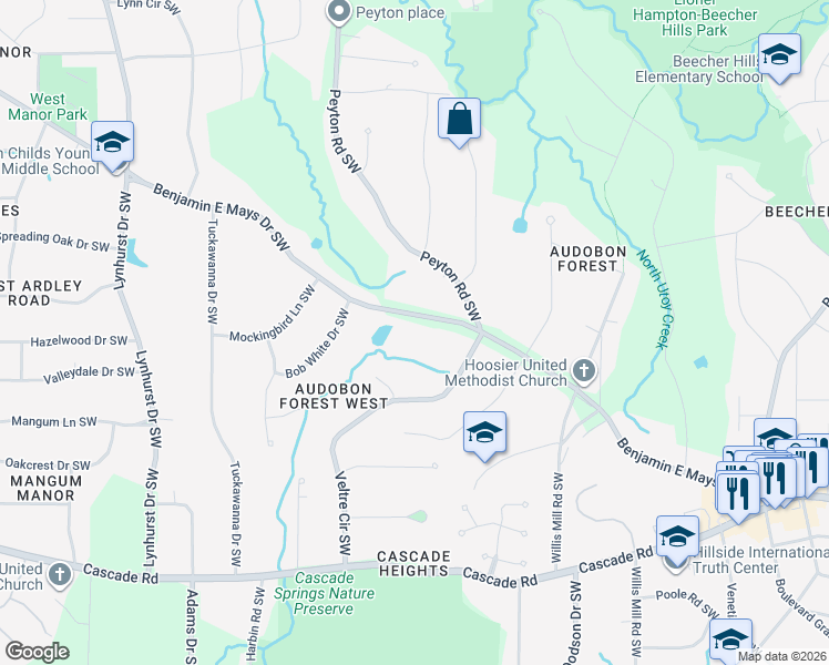 map of restaurants, bars, coffee shops, grocery stores, and more near 2736 Benjamin E Mays Drive Southwest in Atlanta