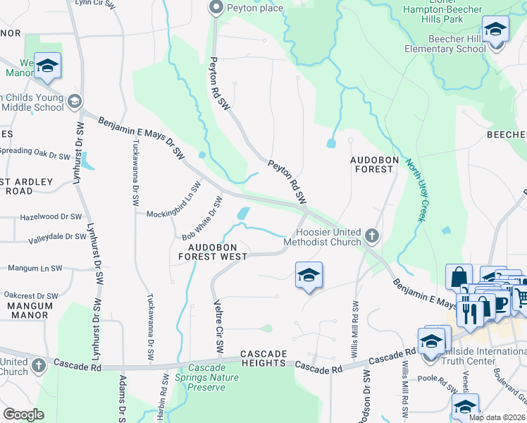map of restaurants, bars, coffee shops, grocery stores, and more near 2736 Benjamin E Mays Drive Southwest in Atlanta