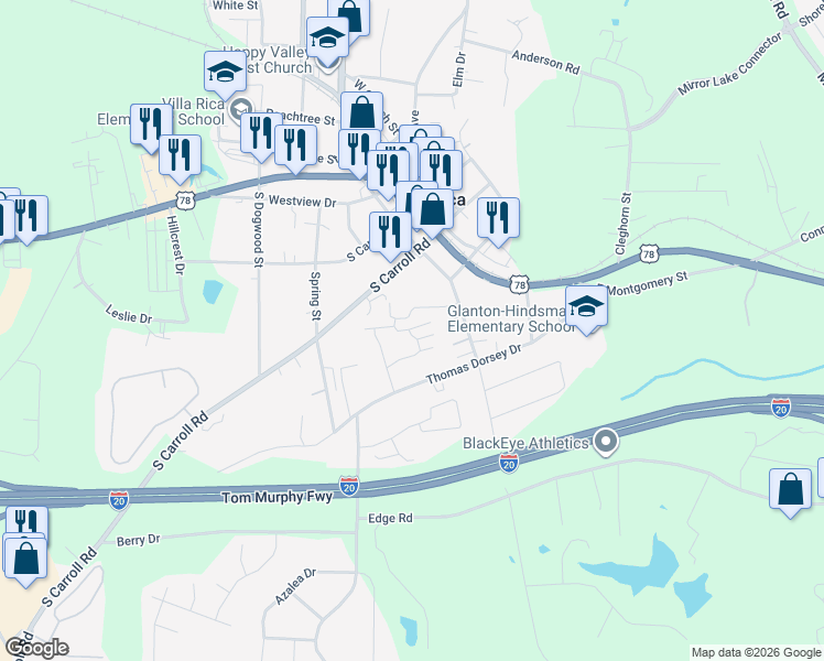 map of restaurants, bars, coffee shops, grocery stores, and more near 209 East Wilson Street in Villa Rica