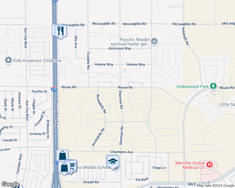 map of restaurants, bars, coffee shops, grocery stores, and more near 27036 Banjo Street in Menifee
