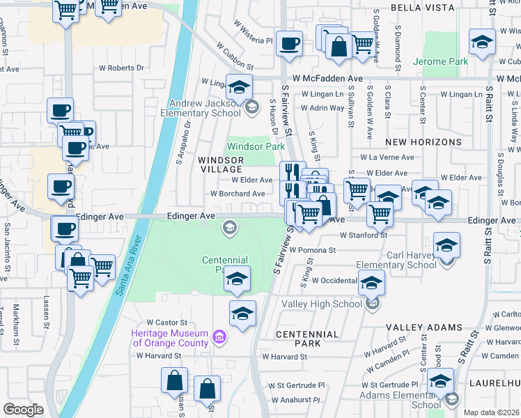 map of restaurants, bars, coffee shops, grocery stores, and more near 2829 West Edinger Avenue in Santa Ana