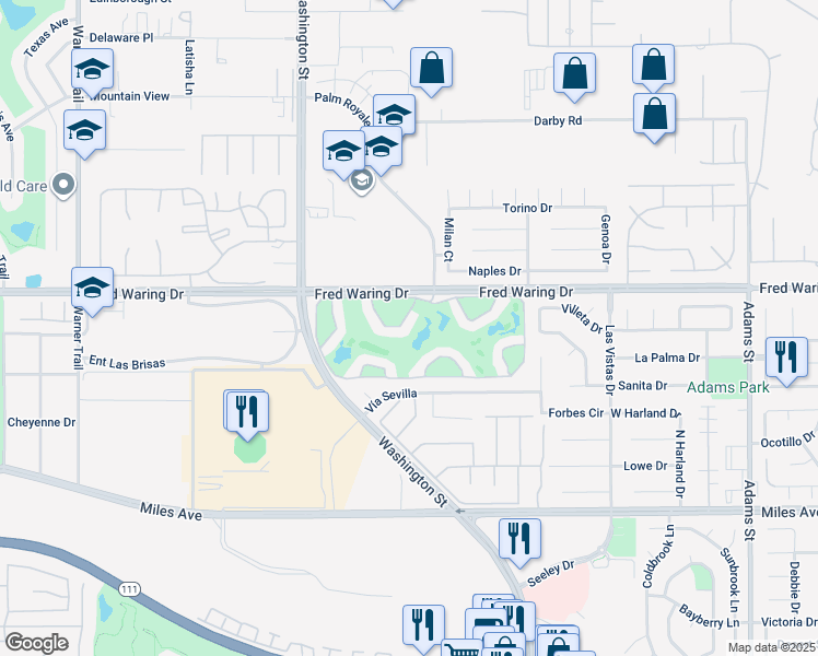 map of restaurants, bars, coffee shops, grocery stores, and more near 78229 Indigo Drive in La Quinta