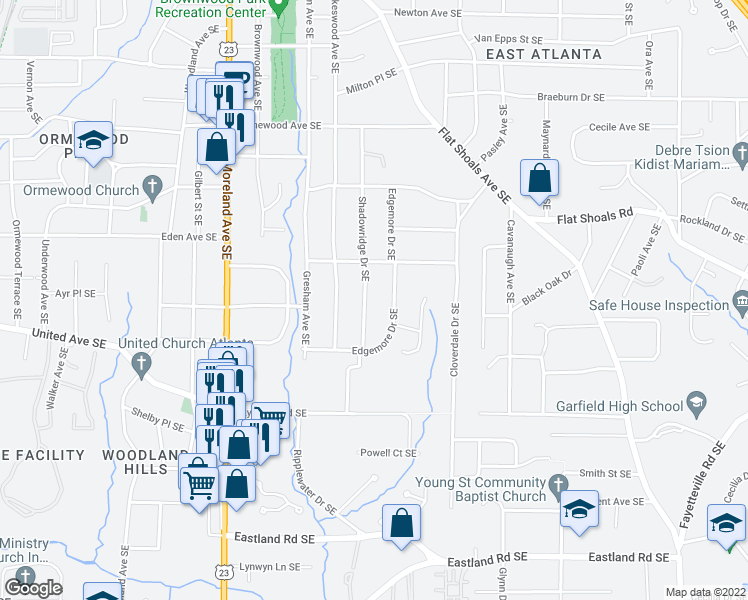 map of restaurants, bars, coffee shops, grocery stores, and more near 940 Shadowridge Drive Southeast in Atlanta