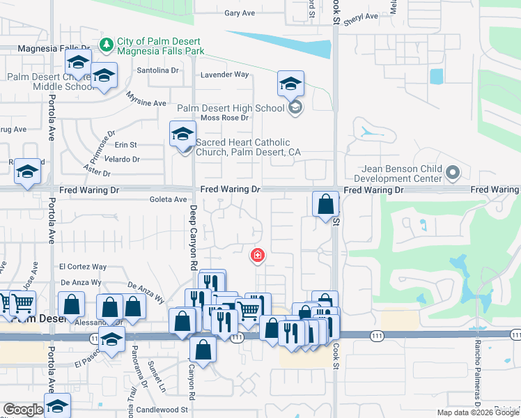 map of restaurants, bars, coffee shops, grocery stores, and more near 44059 Chamonix Court in Palm Desert