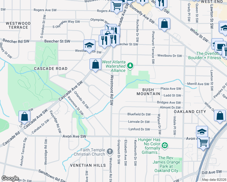 map of restaurants, bars, coffee shops, grocery stores, and more near 1006 Westmont Road Southwest in Atlanta
