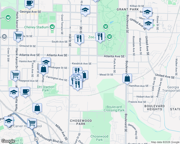 map of restaurants, bars, coffee shops, grocery stores, and more near 992 Rawlins Street Southeast in Atlanta