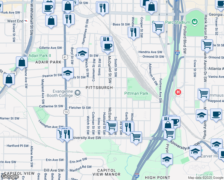 map of restaurants, bars, coffee shops, grocery stores, and more near 988 McDaniel Street Southwest in Atlanta