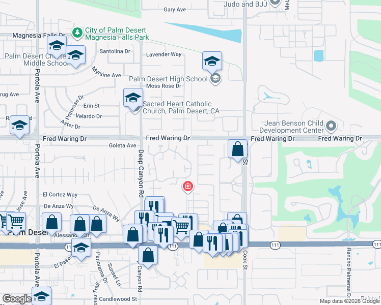 map of restaurants, bars, coffee shops, grocery stores, and more near 44059 Chamonix Court in Palm Desert