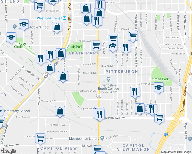 map of restaurants, bars, coffee shops, grocery stores, and more near 991 Metropolitan Parkway Southwest in Atlanta