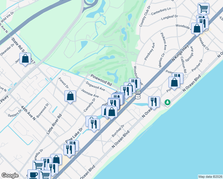 map of restaurants, bars, coffee shops, grocery stores, and more near 602 Dogwood Avenue in Myrtle Beach