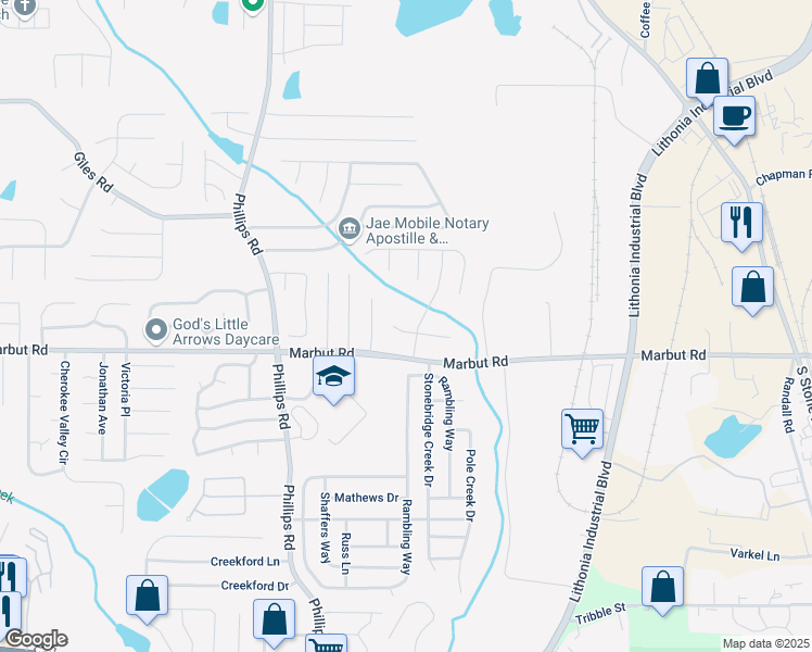 map of restaurants, bars, coffee shops, grocery stores, and more near 6432 Bedford Lane in Lithonia