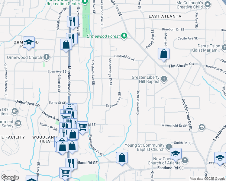 map of restaurants, bars, coffee shops, grocery stores, and more near 940 Shadowridge Drive Southeast in Atlanta
