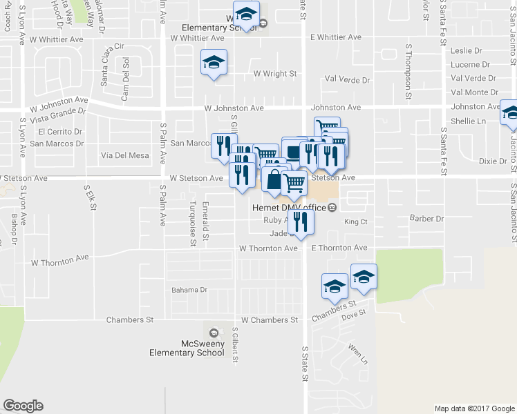 map of restaurants, bars, coffee shops, grocery stores, and more near 1185 Sapphire Place in Hemet