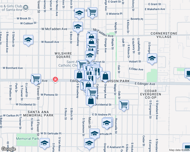 map of restaurants, bars, coffee shops, grocery stores, and more near 1451 South Main Street in Santa Ana
