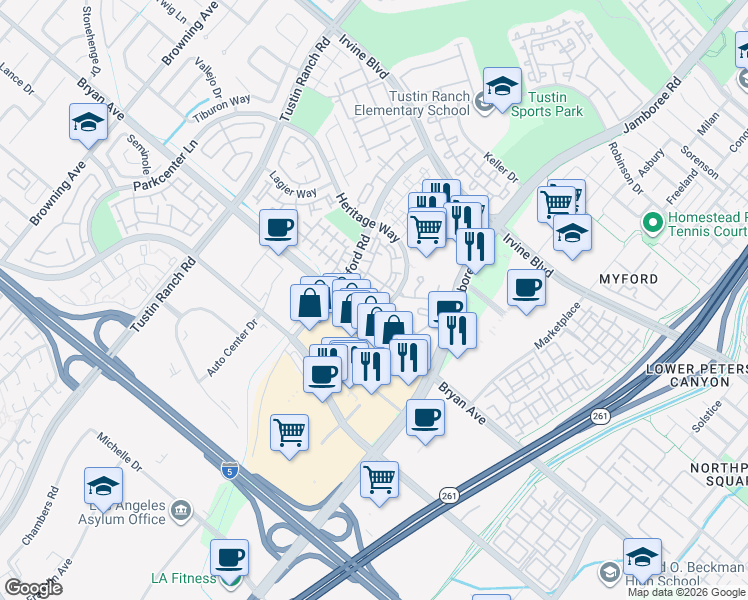 map of restaurants, bars, coffee shops, grocery stores, and more near 13439 Savanna in Tustin