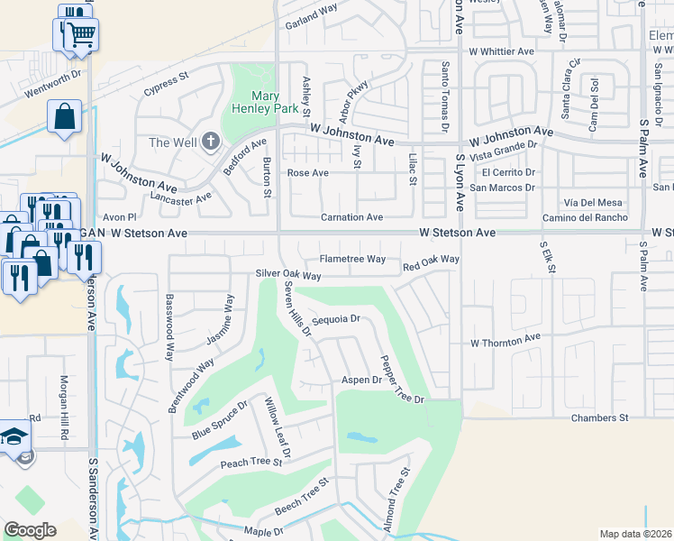 map of restaurants, bars, coffee shops, grocery stores, and more near 2050 Silver Oak Way in Hemet